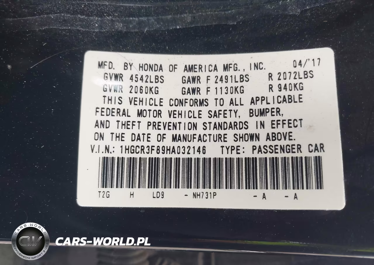 2017 Honda Accord Ex-L V6 VIN:1HGCR3F89HA032146 - 9