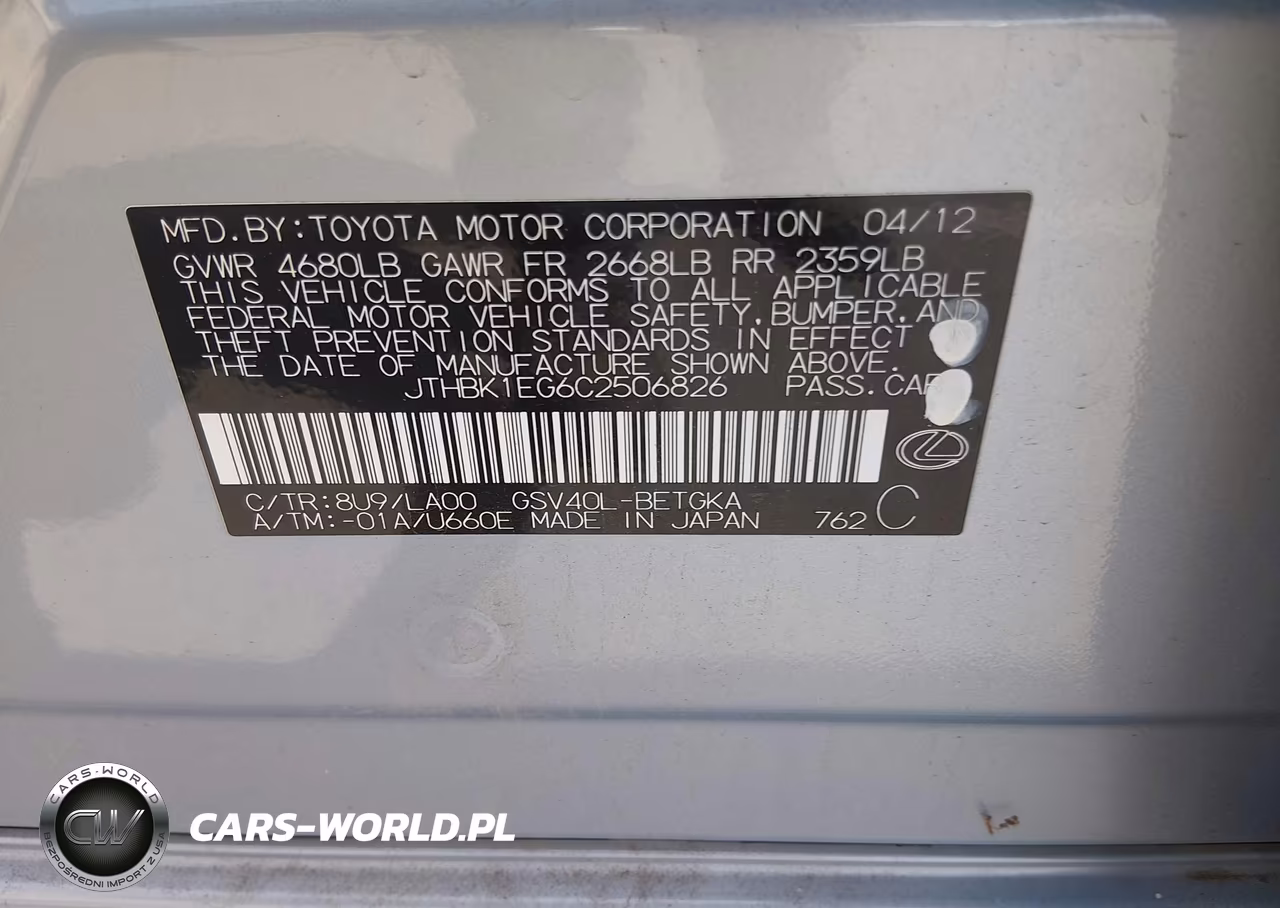 2012 Lexus Es 350 VIN:JTHBK1EG6C2506826 - 9