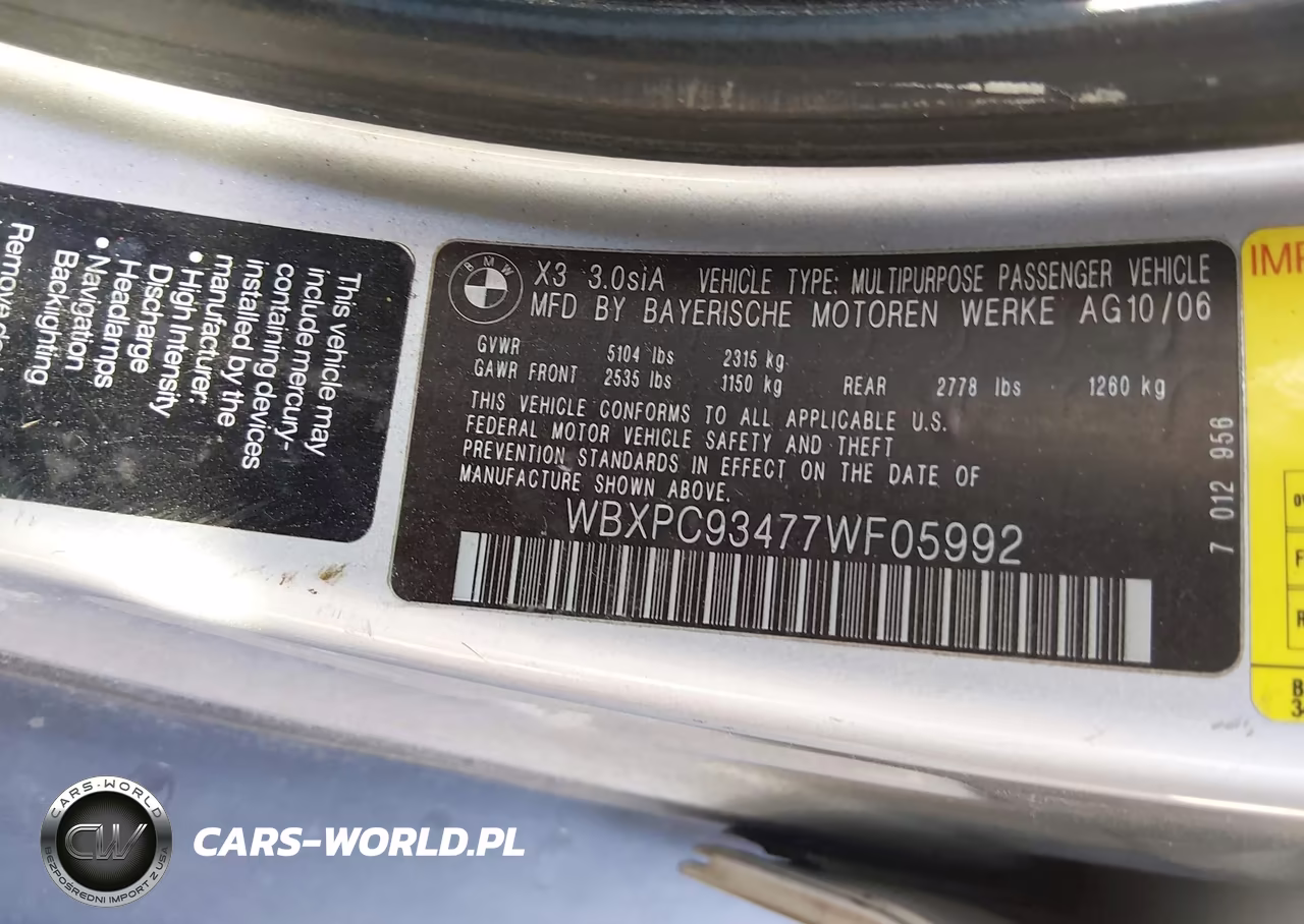 2007 BMW X3 3.0Si VIN:WBXPC93477WF05992 - 9