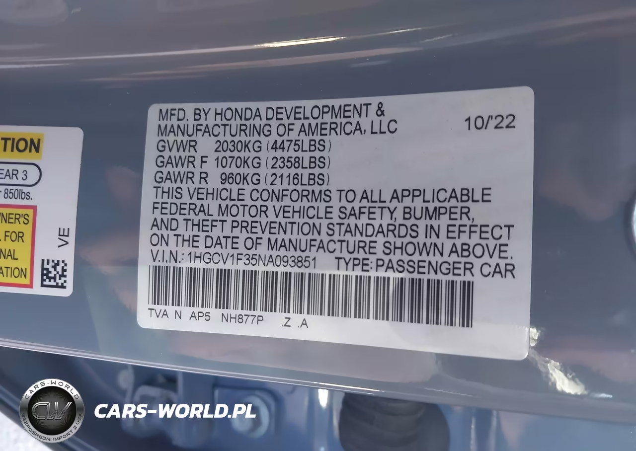 2022 Honda Accord Sport VIN:1HGCV1F35NA093851 - 9