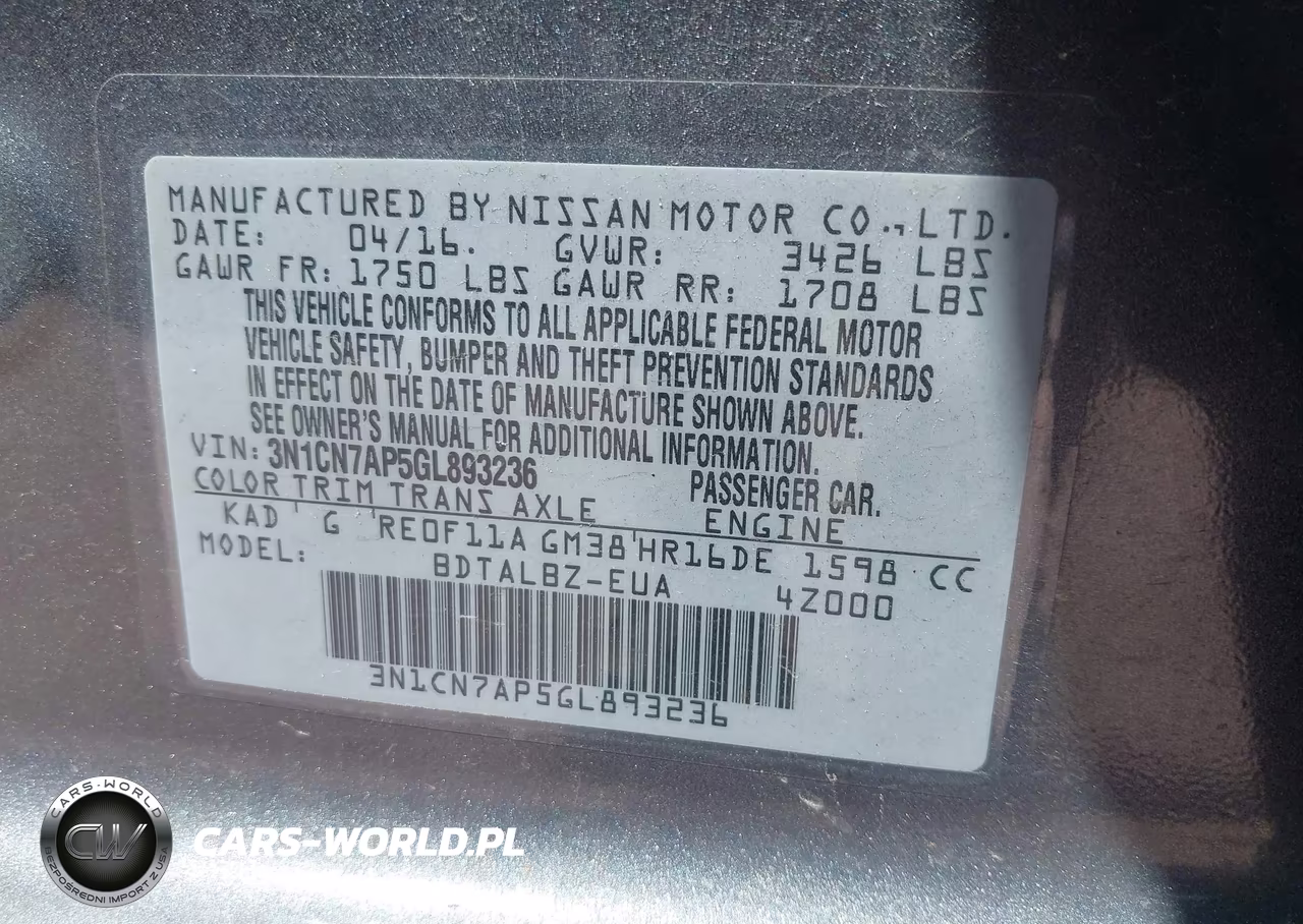 2016 Nissan Versa 1.6 Sv VIN:3N1CN7AP5GL893236 - 9