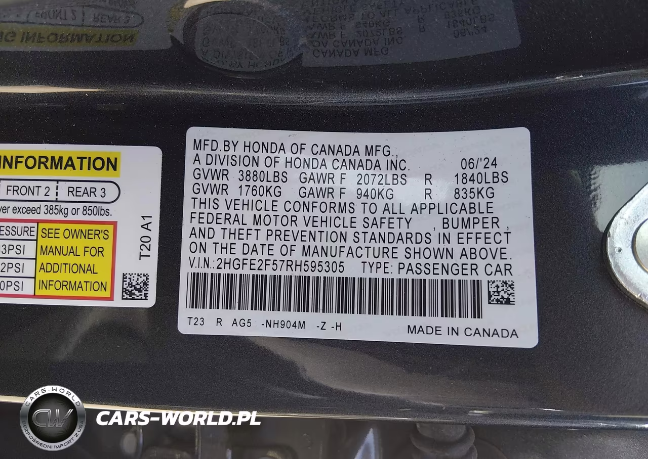2024 Honda Civic Sport VIN:2HGFE2F57RH595305 - 9