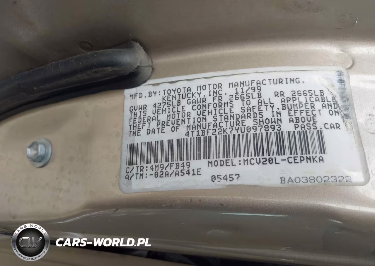 2000 Toyota Camry Le V6 VIN:4T1BF22K7YU097893 - 9