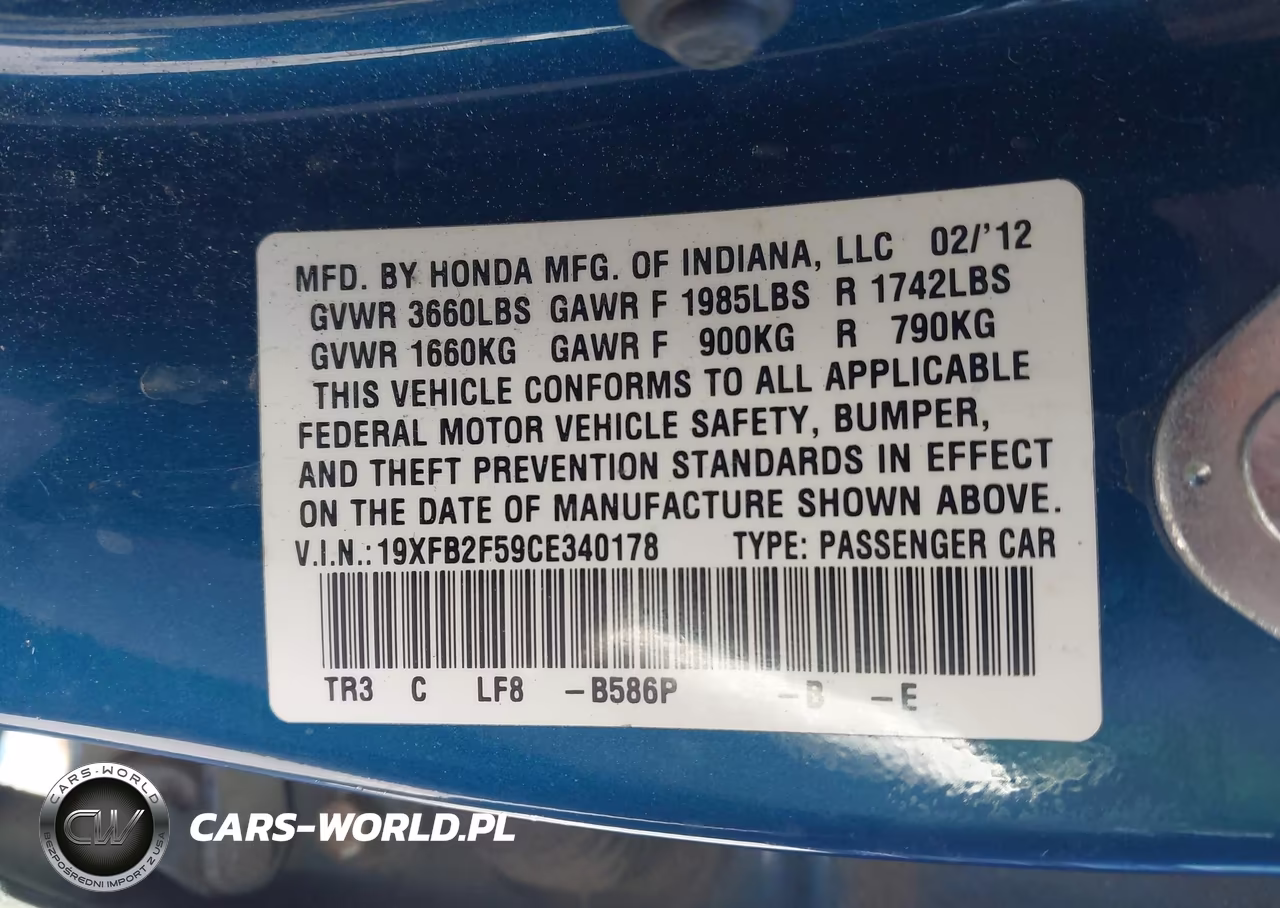 2012 Honda Civic Lx VIN:19XFB2F59CE340178 - 9