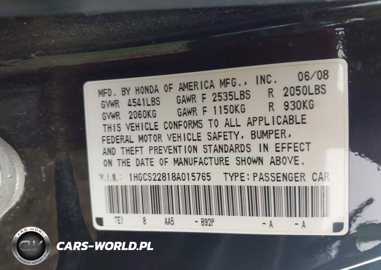 2008 Honda Accord 3.5 Ex-L VIN:1HGCS22818A015765 - 9