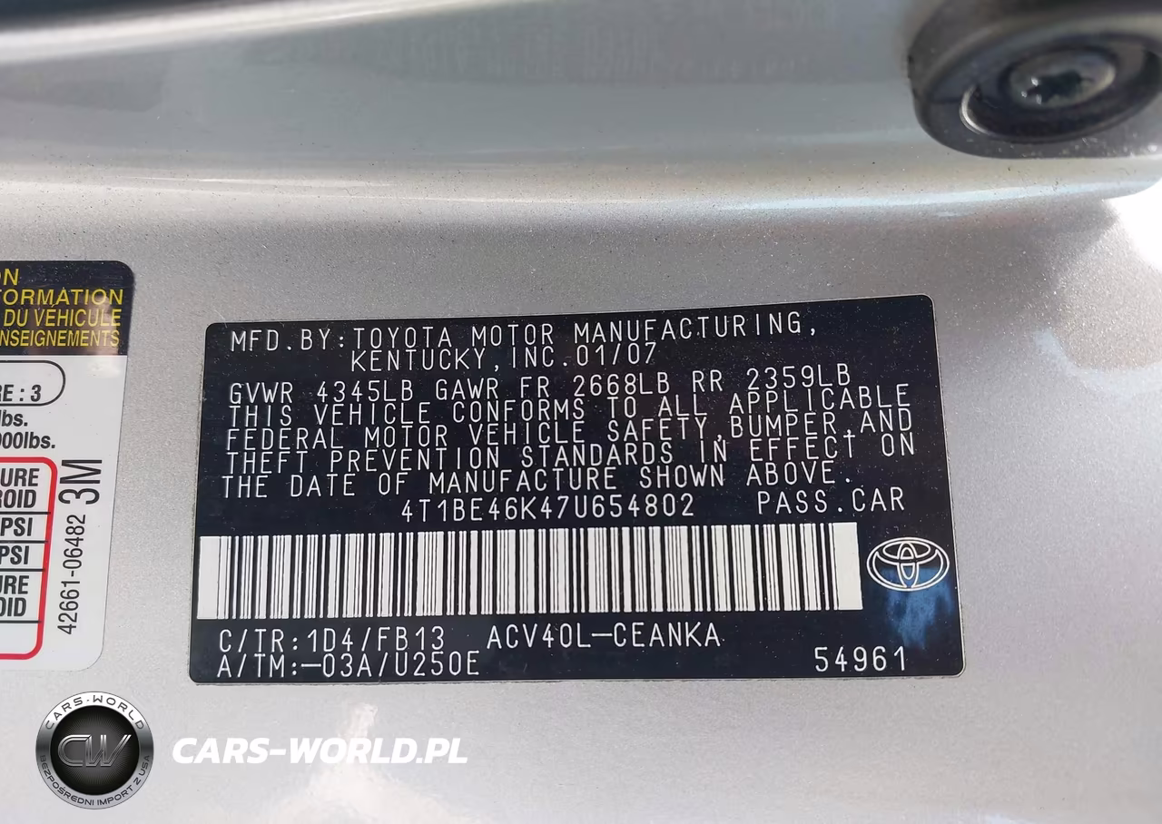 2007 Toyota Camry Ce VIN:4T1BE46K47U654802 - 9