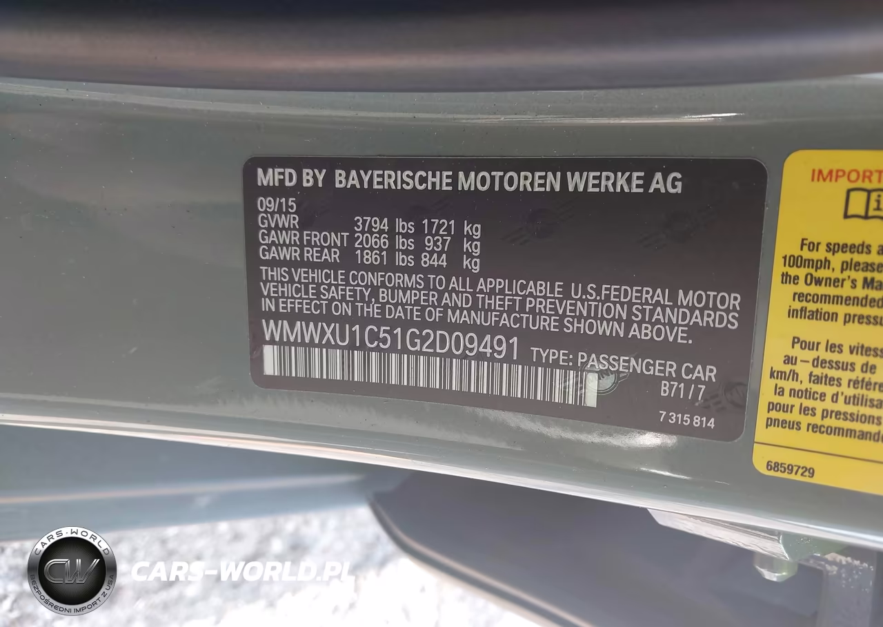 2016 Mini Hardtop Cooper VIN:WMWXU1C51G2D09491 - 9