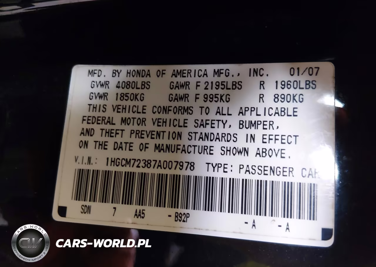 2007 Honda Accord 2.4 Lx VIN:1HGCM72387A007978 - 9