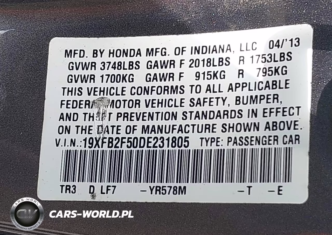 2013 Honda Civic Lx VIN:19XFB2F50DE231805 - 9