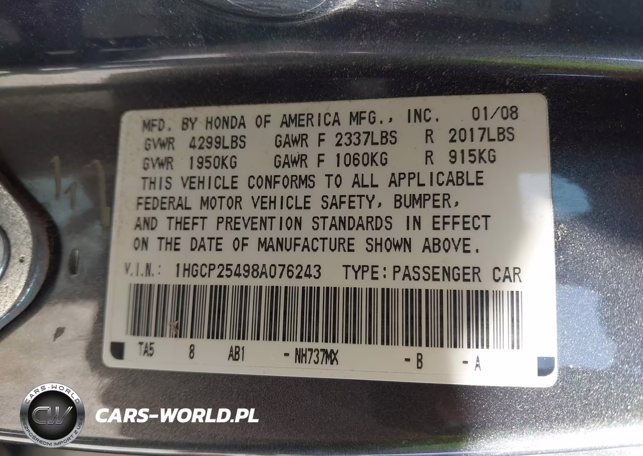 2008 Honda Accord 2.4 Lx-P VIN:1HGCP25498A076243 - 9