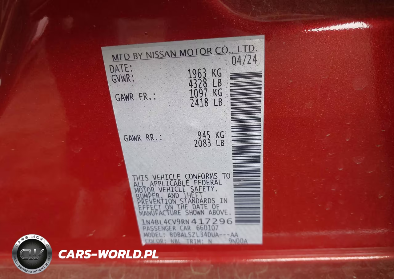 2024 Nissan Altima Sr Fwd VIN:1N4BL4CV9RN417296 - 9
