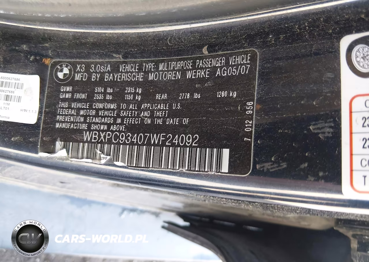 2007 BMW X3 3.0Si VIN:WBXPC93407WF24092 - 9