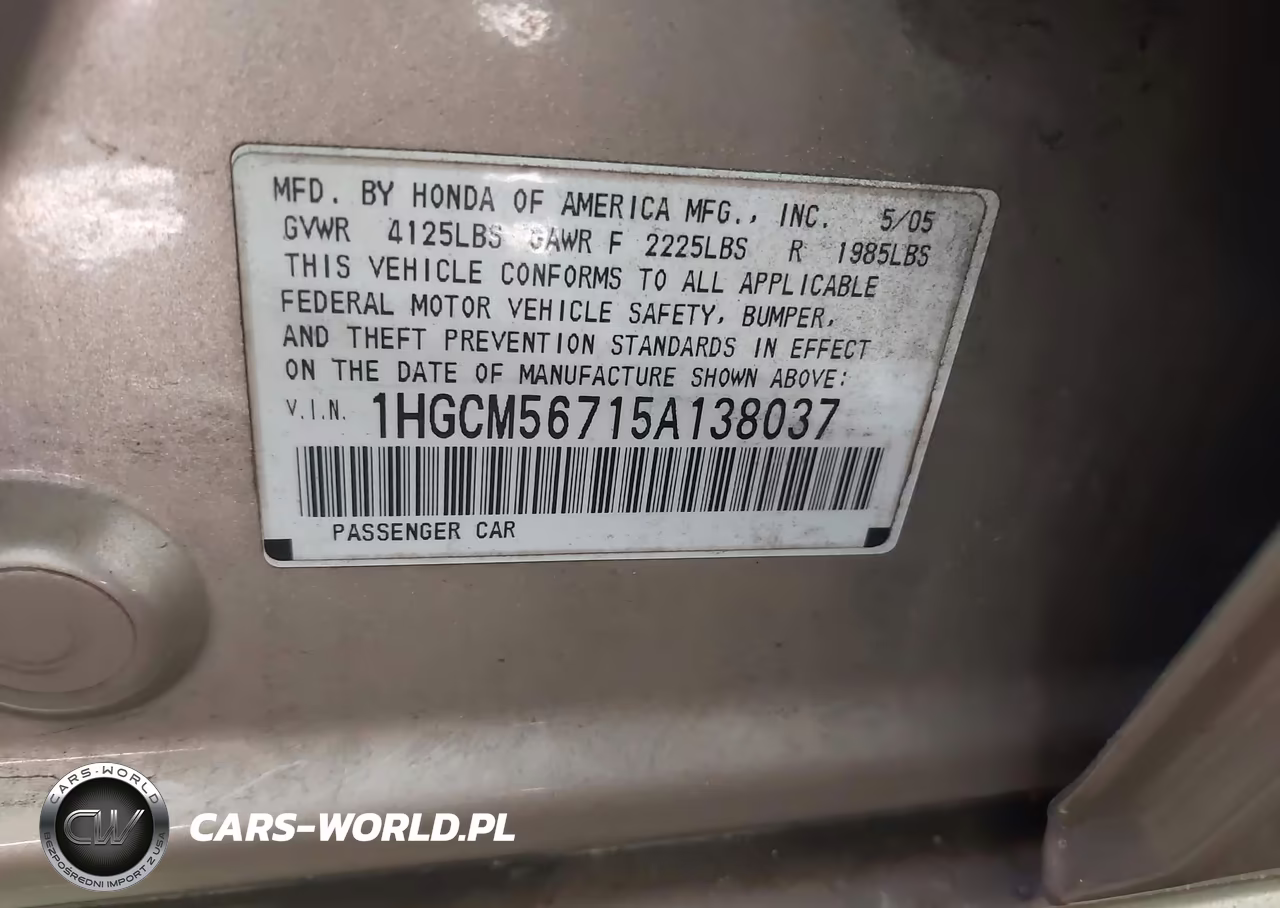 2005 Honda Accord 2.4 Ex VIN:1HGCM56715A138037 - 9