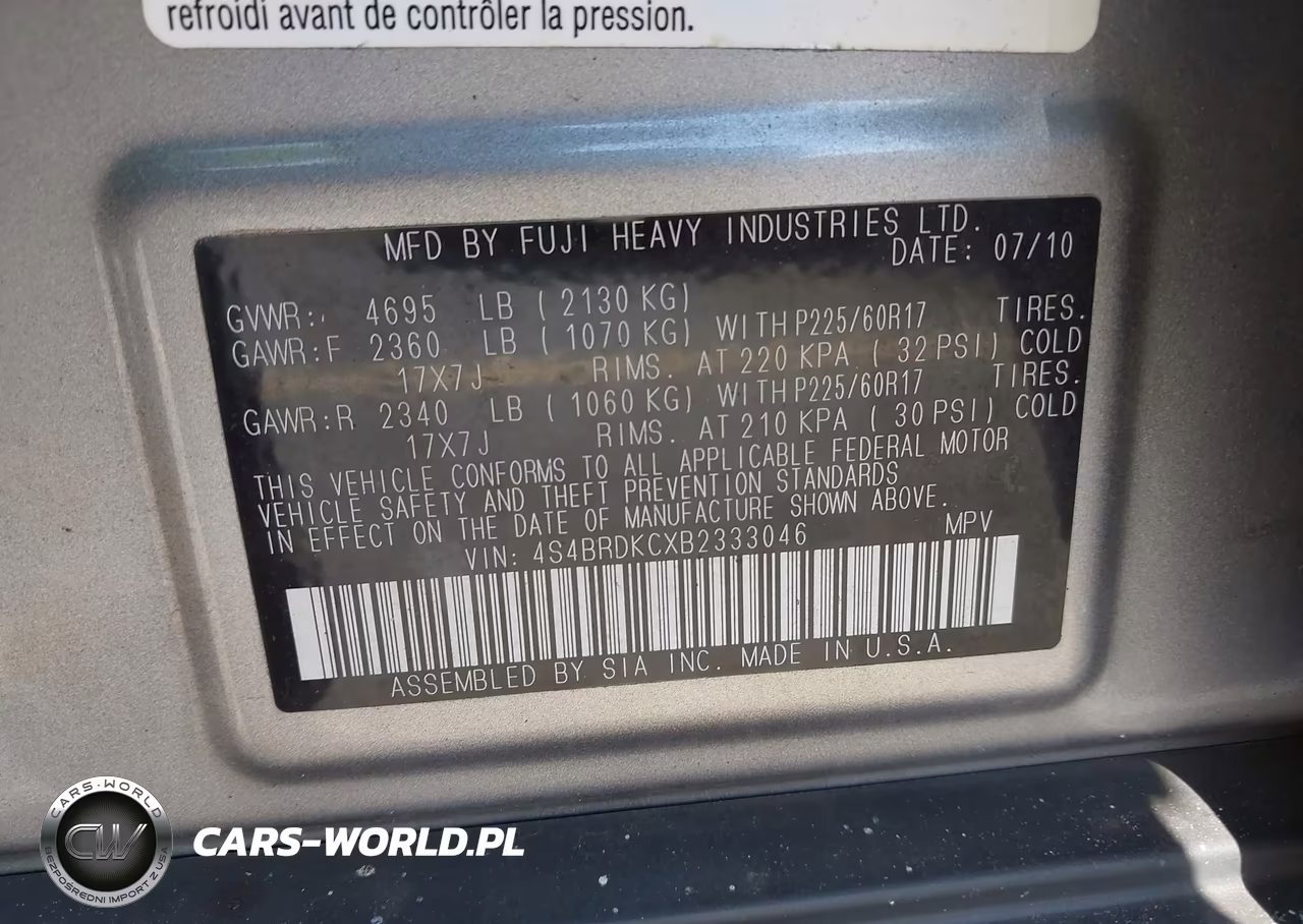 2011 Subaru Outback 3.6R Limited VIN:4S4BRDKCXB2333046 - 9