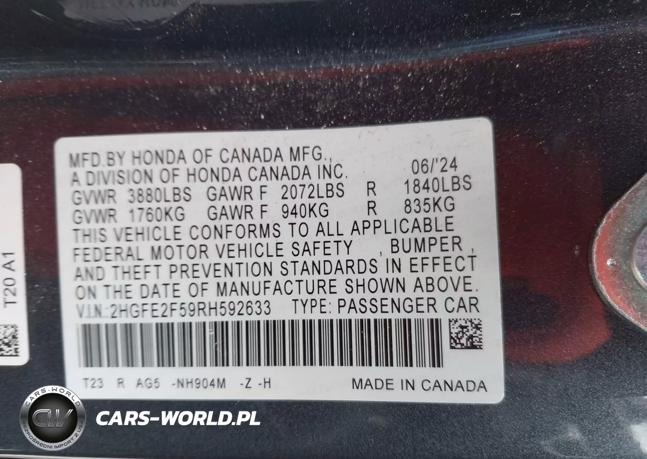 2024 Honda Civic Sport VIN:2HGFE2F59RH592633 - 9