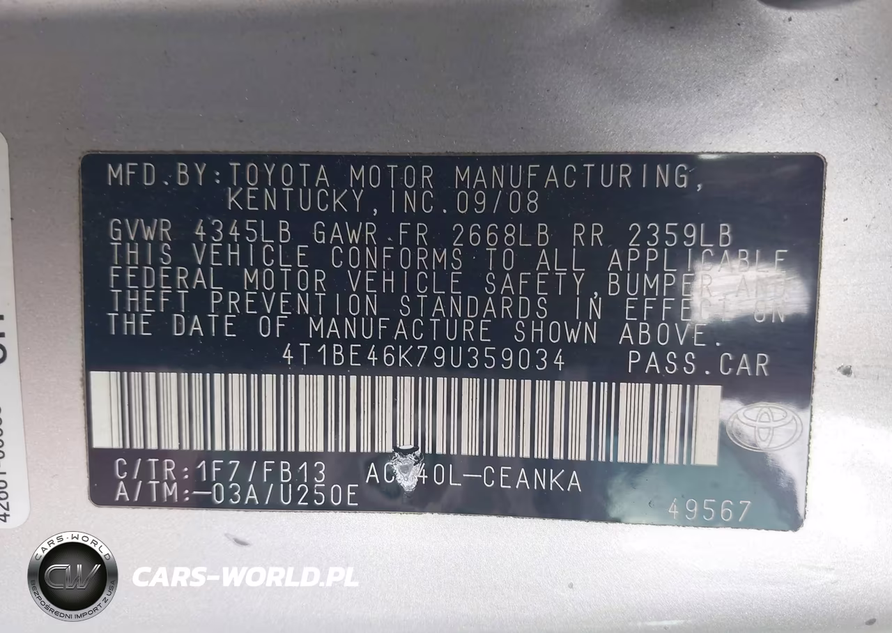 2009 Toyota Camry Le VIN:4T1BE46K79U359034 - 9