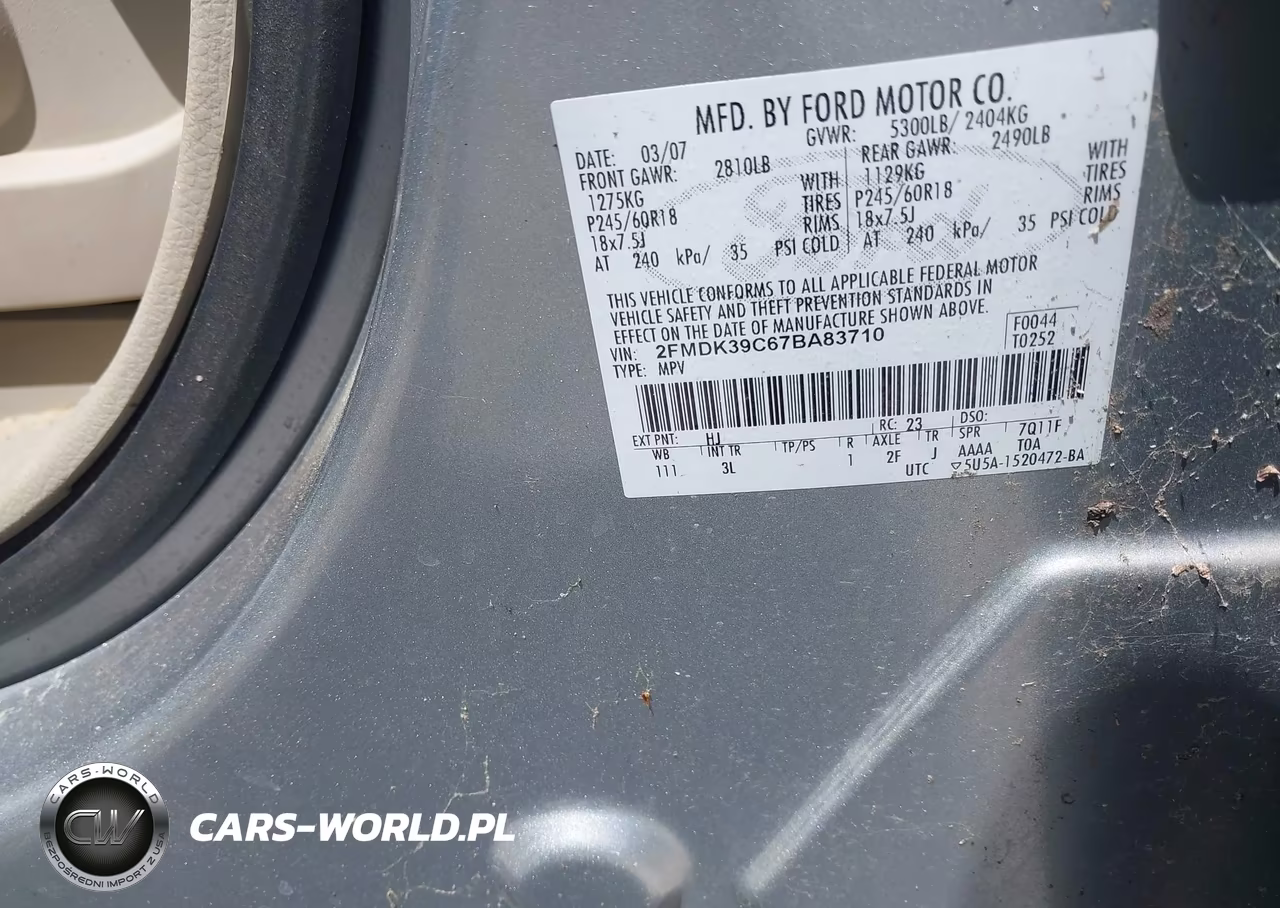 2007 Ford Edge Sel Plus VIN:2FMDK39C67BA83710 - 9