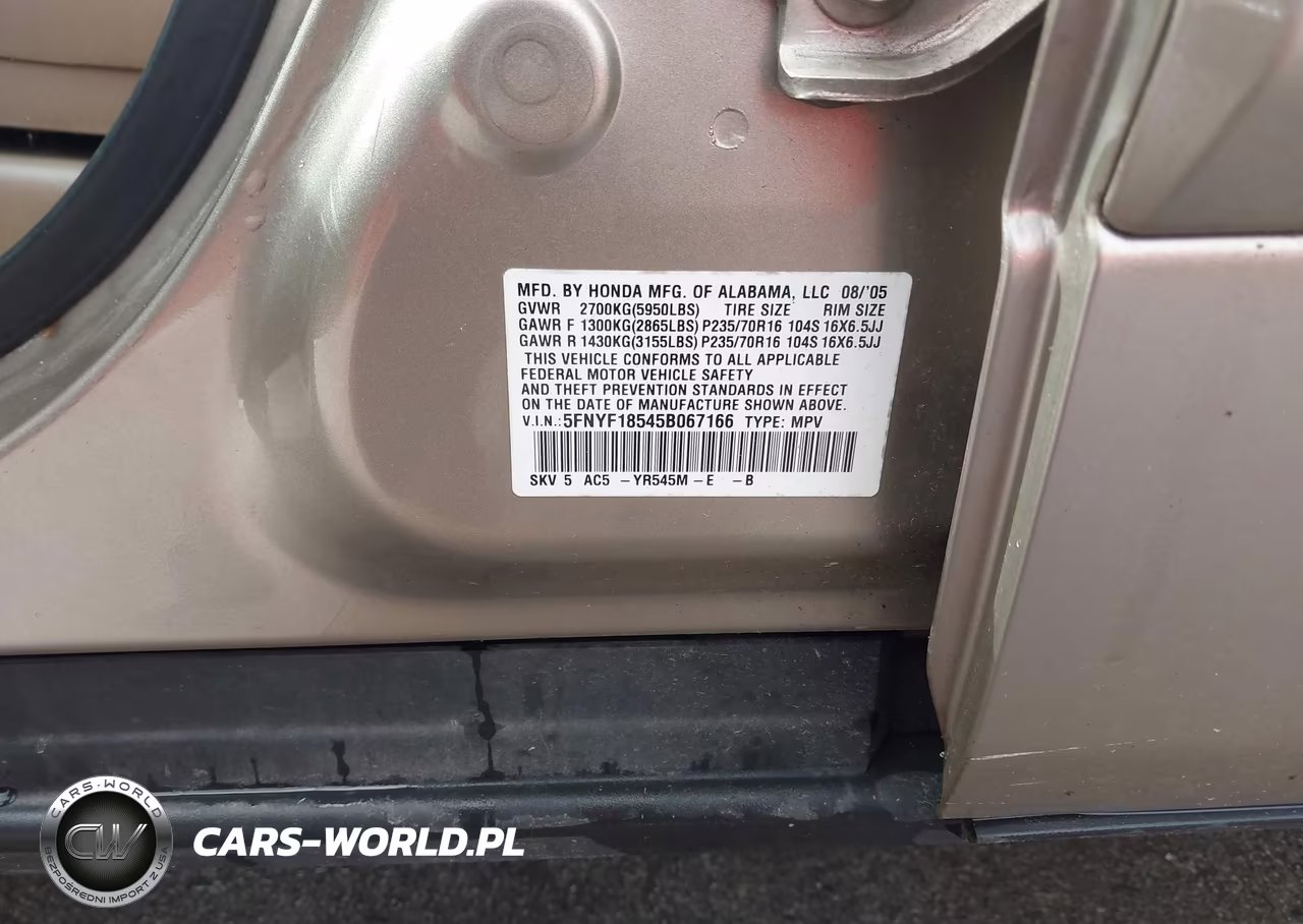 2005 Honda Pilot Ex-L VIN:5FNYF18545B067166 - 9