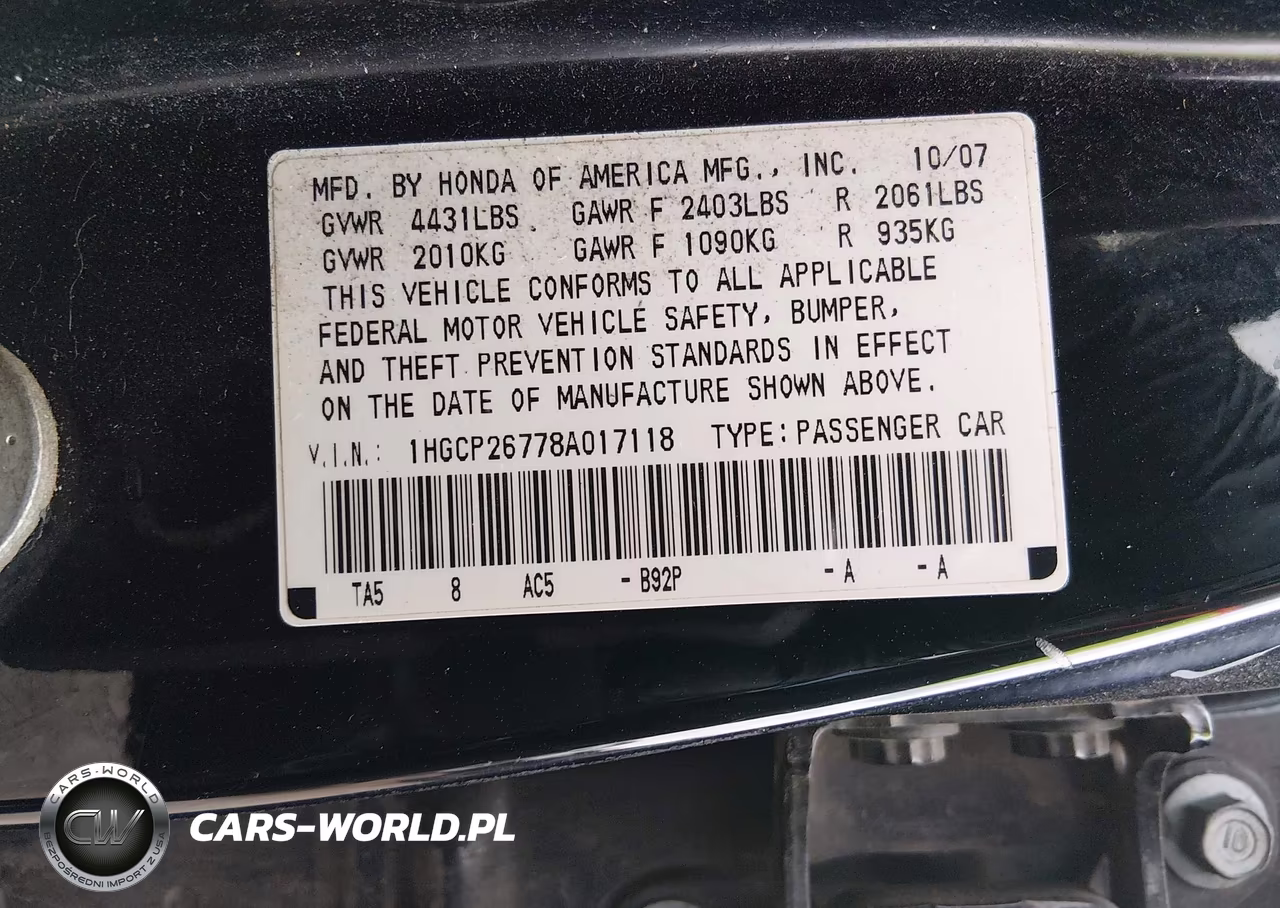 2008 Honda Accord 2.4 Ex VIN:1HGCP26778A017118 - 9