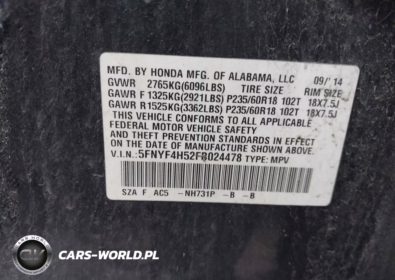 2015 Honda Pilot Ex-L VIN:5FNYF4H52FB024478 - 9