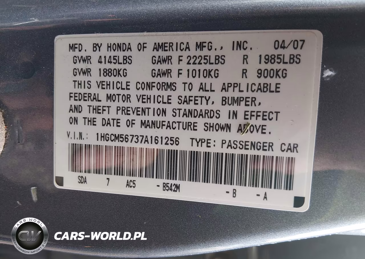 2007 Honda Accord 2.4 Ex VIN:1HGCM56737A161256 - 9