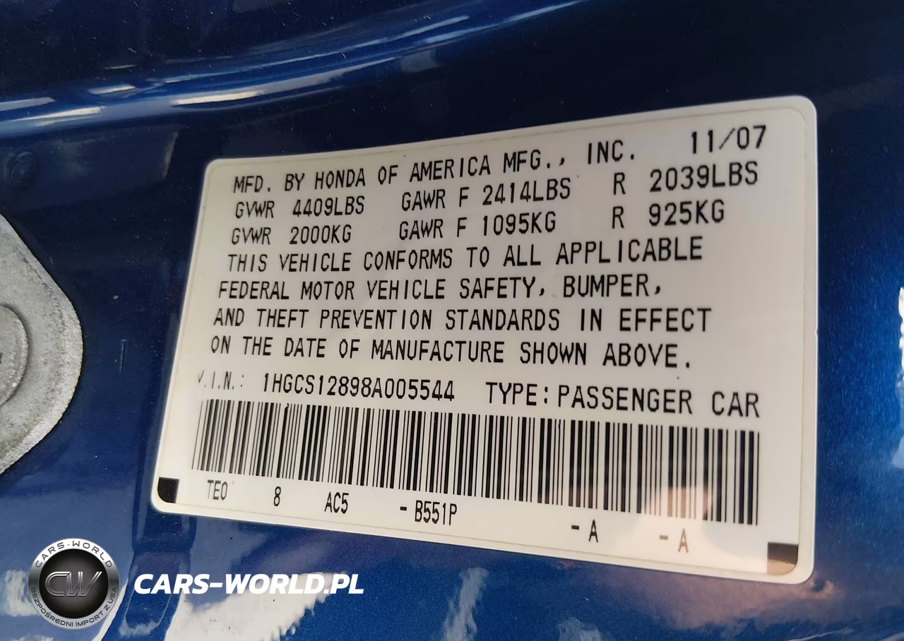 2008 Honda Accord 2.4 Ex-L VIN:1HGCS12898A005544 - 9