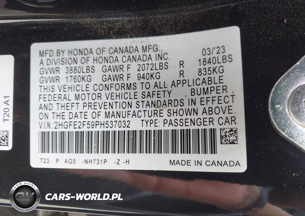 2023 Honda Civic Sport VIN:2HGFE2F59PH537032 - 9