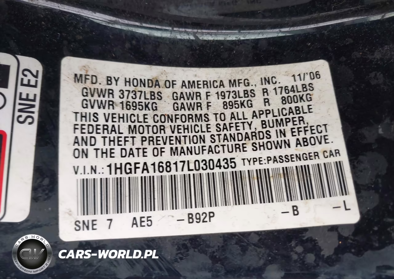 2007 Honda Civic Ex VIN:1HGFA16817L030435 - 9