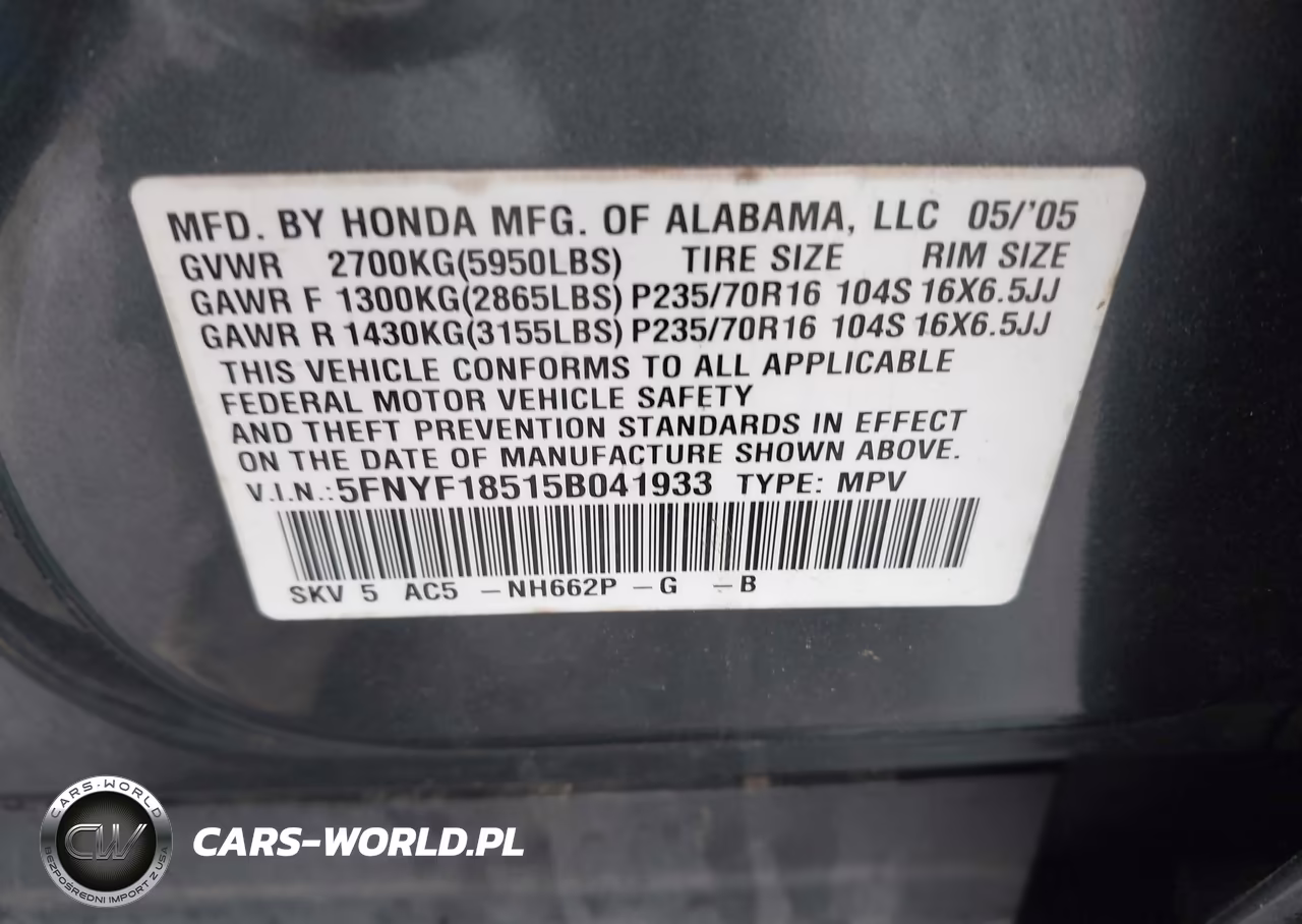 2005 Honda Pilot Ex-L VIN:5FNYF18515B041933 - 9
