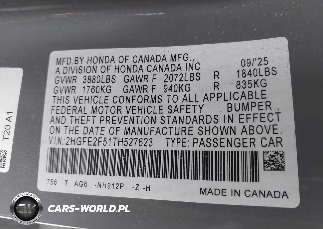 2026 Honda Civic Sport VIN:2HGFE2F51TH527623 - 9