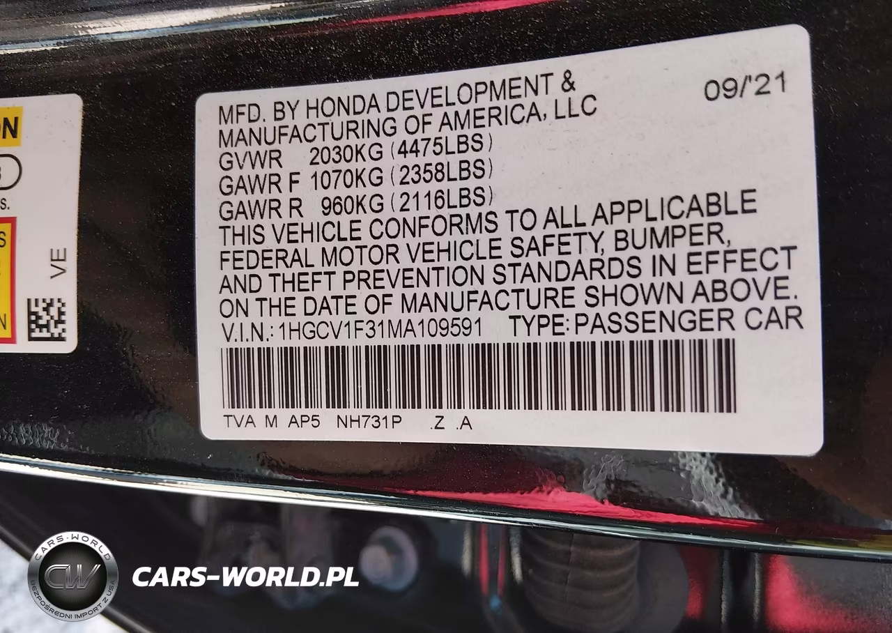 2021 Honda Accord Sport VIN:1HGCV1F31MA109591 - 9