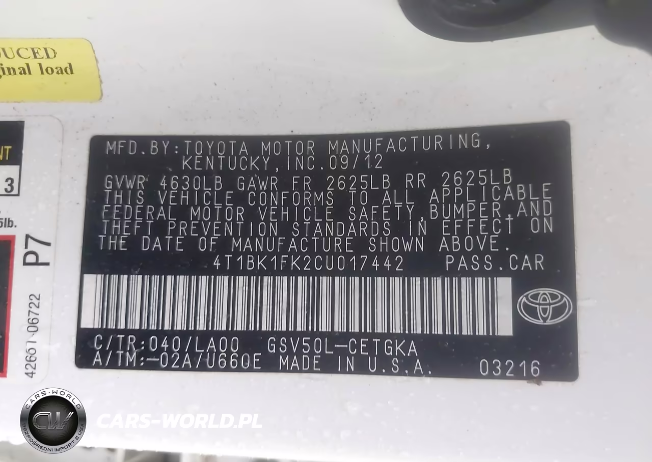 2012 Toyota Camry Xle V6 VIN:4T1BK1FK2CU017442 - 9