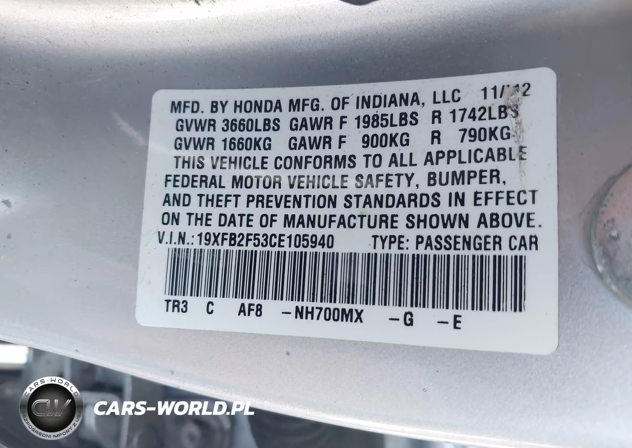 2012 Honda Civic Lx VIN:19XFB2F53CE105940 - 9
