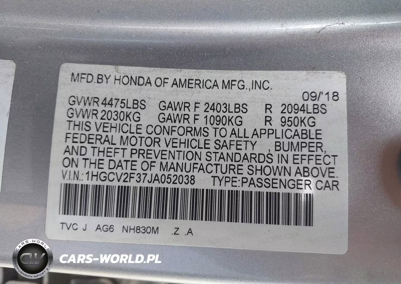 2018 Honda Accord Sport 2.0T VIN:1HGCV2F37JA052038 - 9