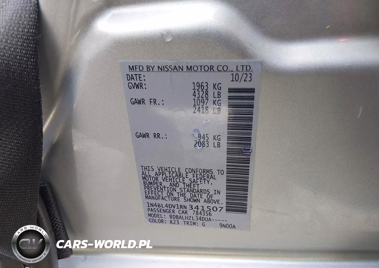 2024 Nissan Altima Sv Fwd VIN:1N4BL4DV1RN341507 - 9