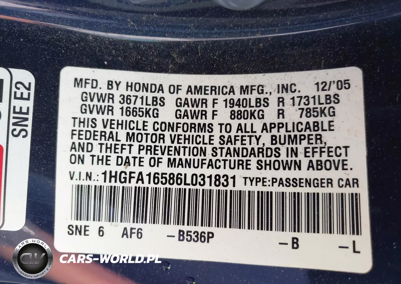 2006 Honda Civic Lx VIN:1HGFA16586L031831 - 9