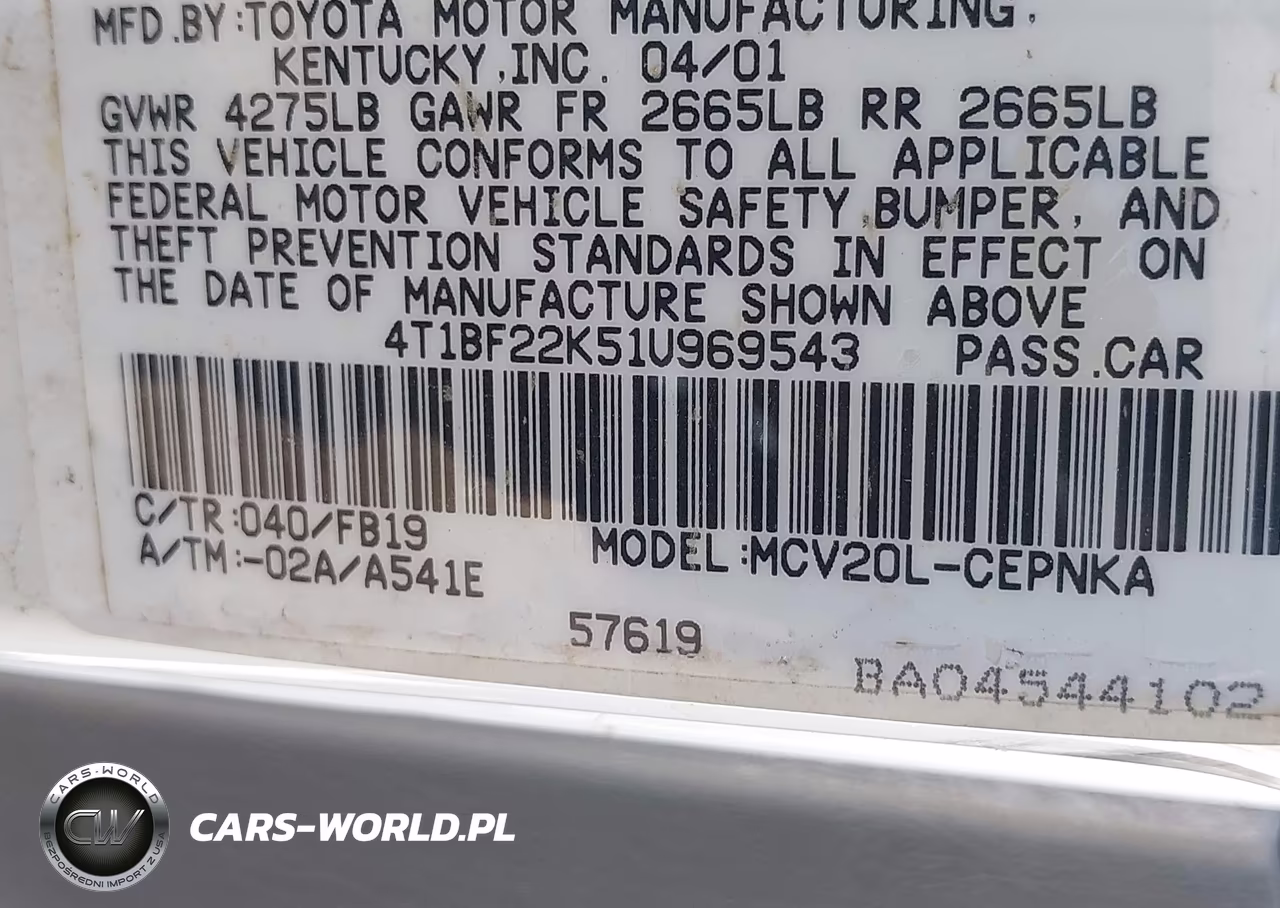 2001 Toyota Camry Le V6 VIN:4T1BF22K51U969543 - 9