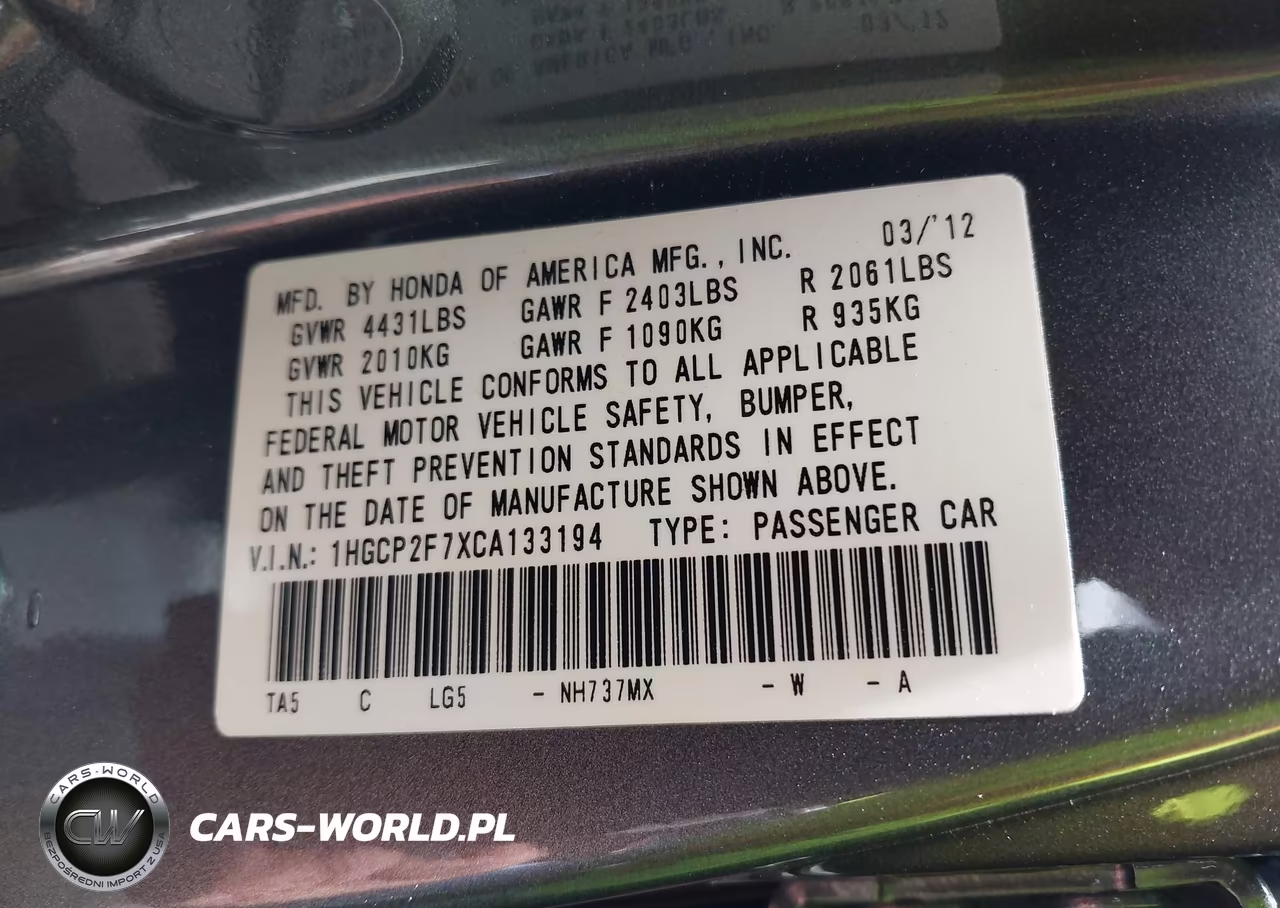 2012 Honda Accord 2.4 Ex VIN:1HGCP2F7XCA133194 - 9