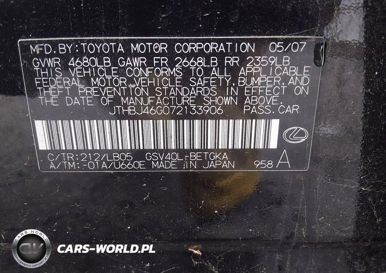 2007 Lexus Es 350 VIN:JTHBJ46G072133906 - 9