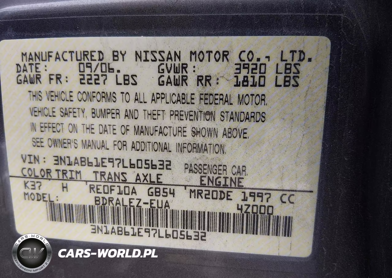 2007 Nissan Sentra 2.0S VIN:3N1AB61E97L605632 - 9