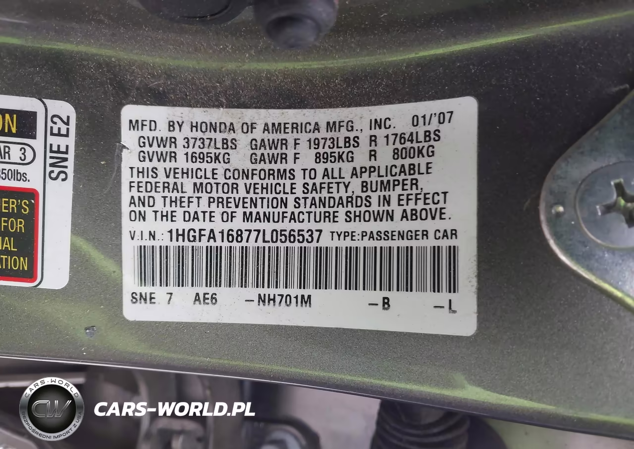 2007 Honda Civic Ex VIN:1HGFA16877L056537 - 9