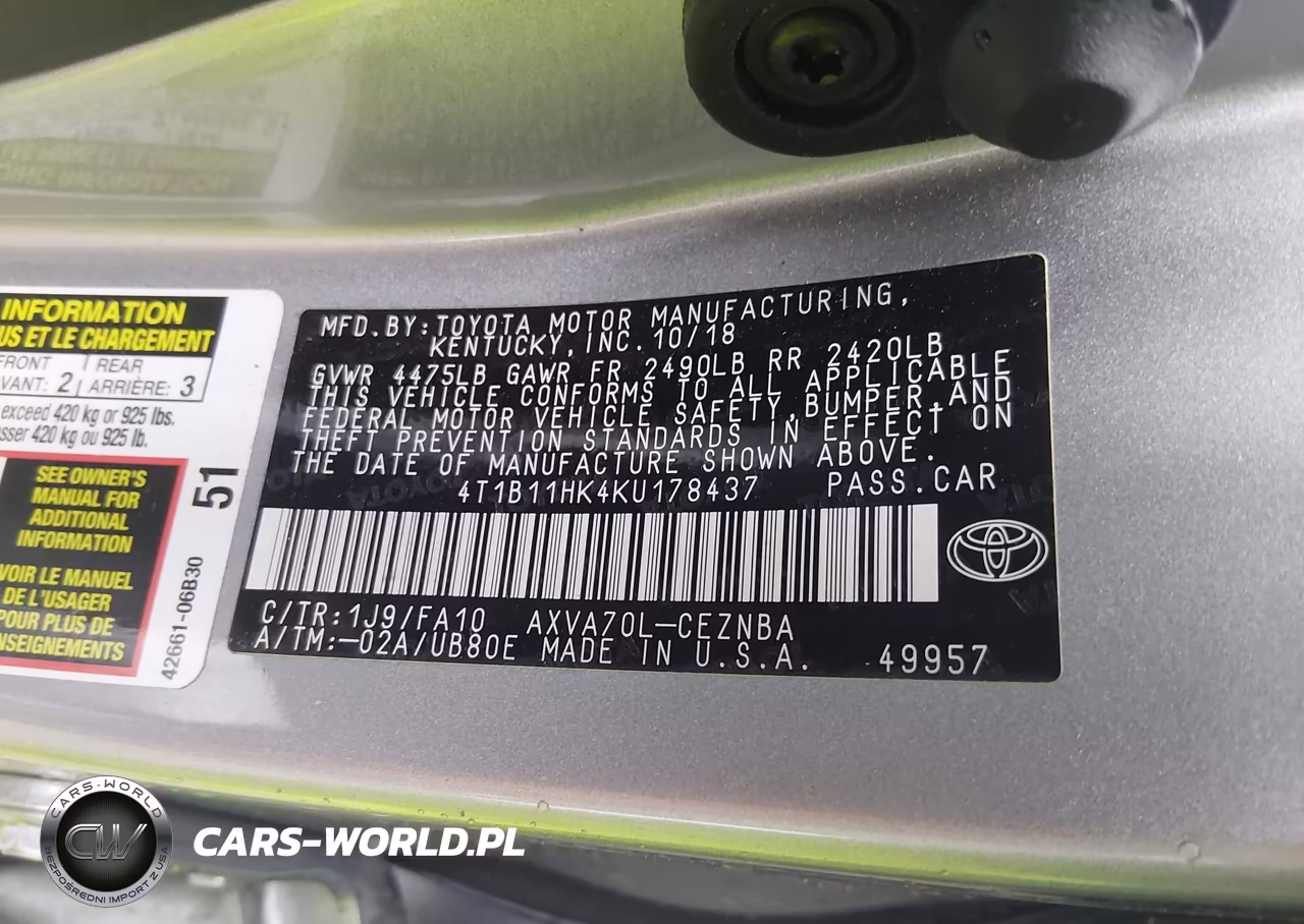 2019 Toyota Camry Le VIN:4T1B11HK4KU178437 - 9