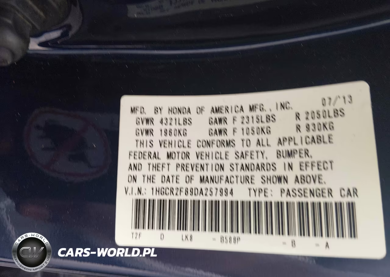 2013 Honda Accord Exl VIN:1HGCR2F89DA257994 - 9
