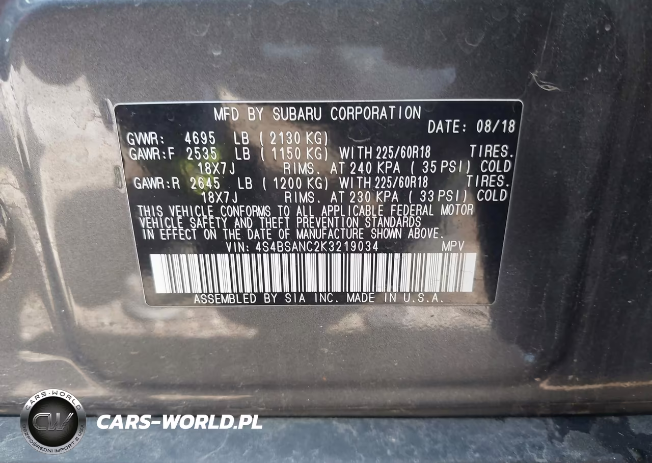 2019 Subaru Outback 2.5I Limited VIN:4S4BSANC2K3219034 - 9