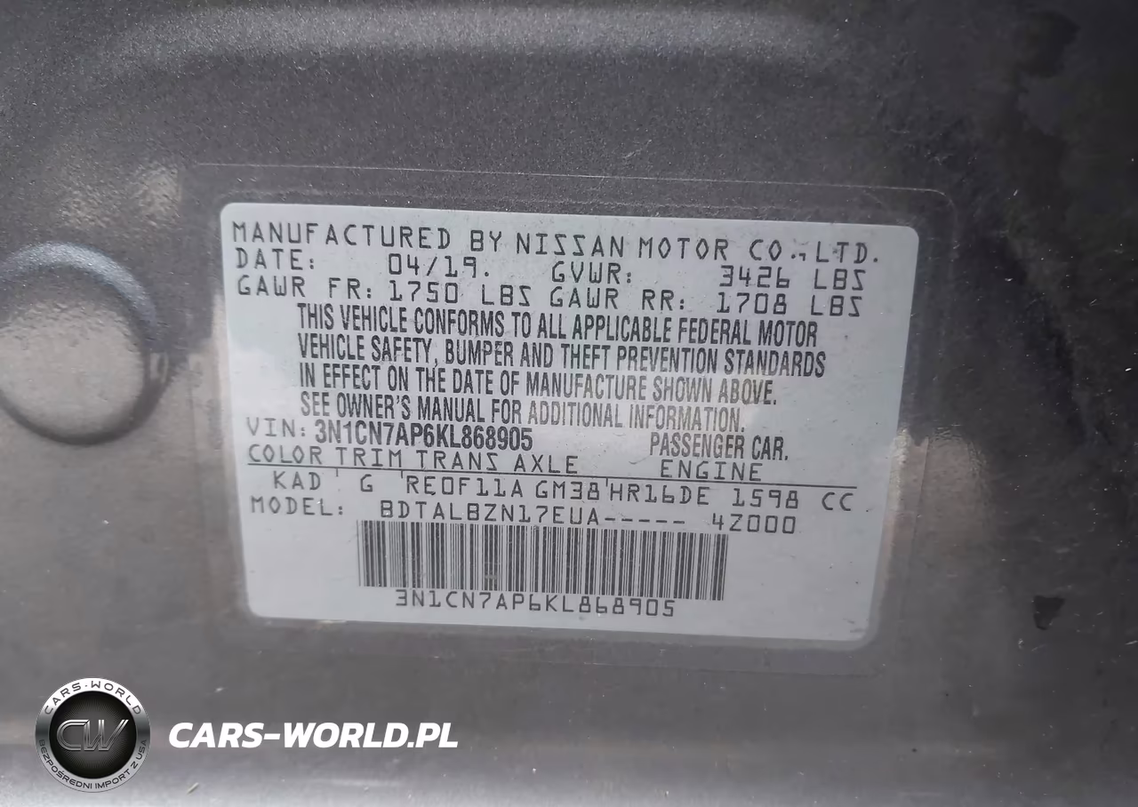 2019 Nissan Versa 1.6 Sv VIN:3N1CN7AP6KL868905 - 9