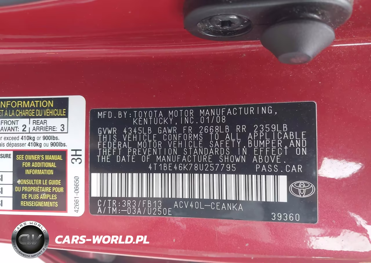 2008 Toyota Camry Le VIN:4T1BE46K78U257795 - 9