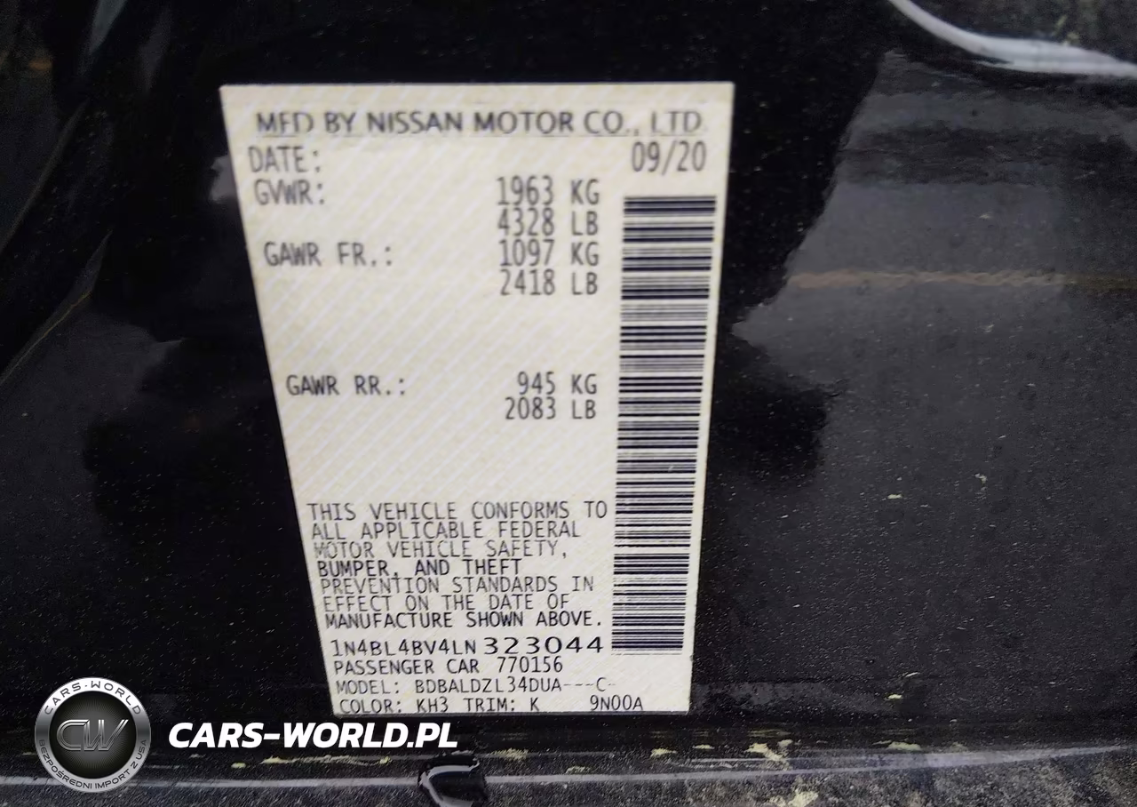 2020 Nissan Altima S Fwd VIN:1N4BL4BV4LN323044 - 9
