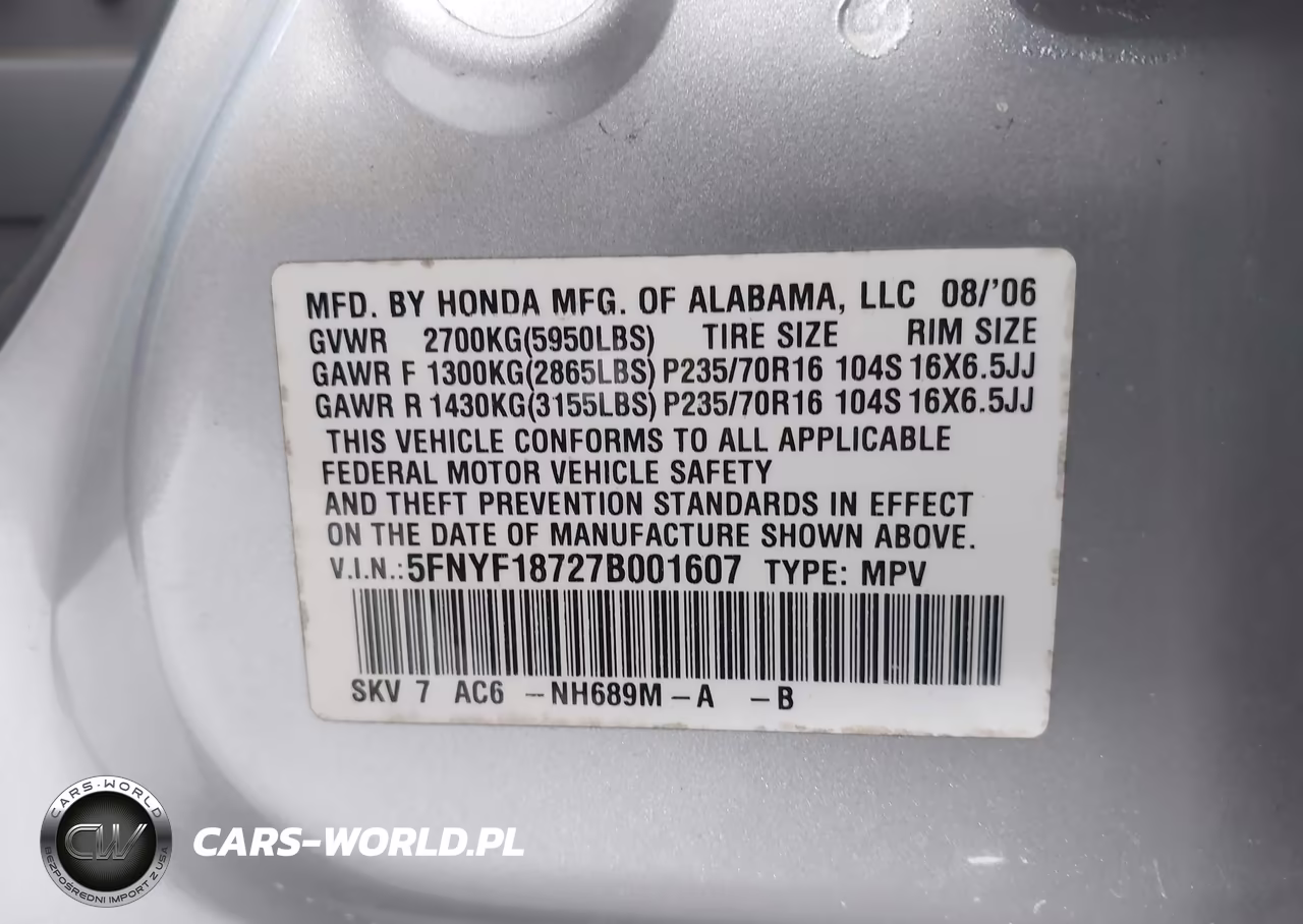 2007 Honda Pilot Ex-L VIN:5FNYF18727B001607 - 9