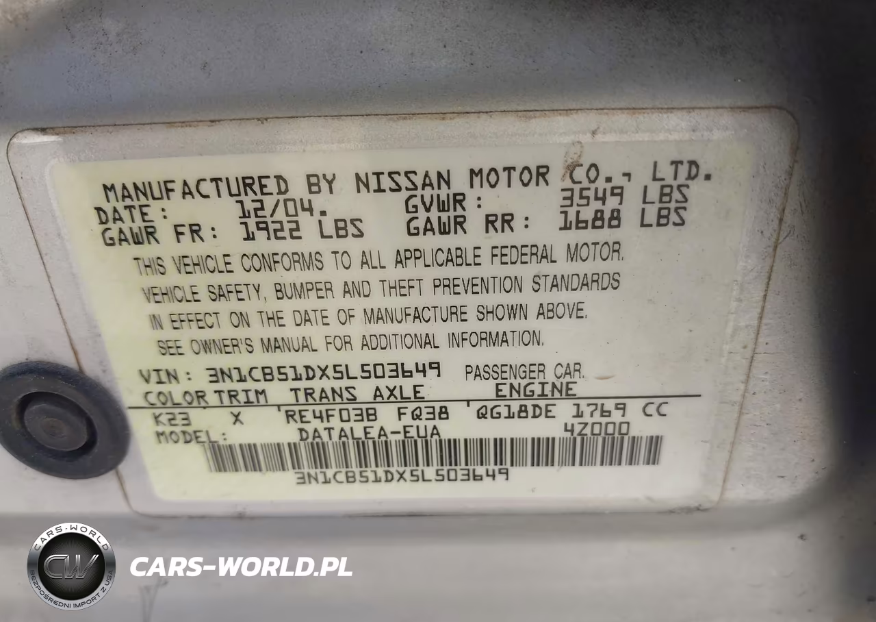 2005 Nissan Sentra 1.8S VIN:3N1CB51DX5L503649 - 9