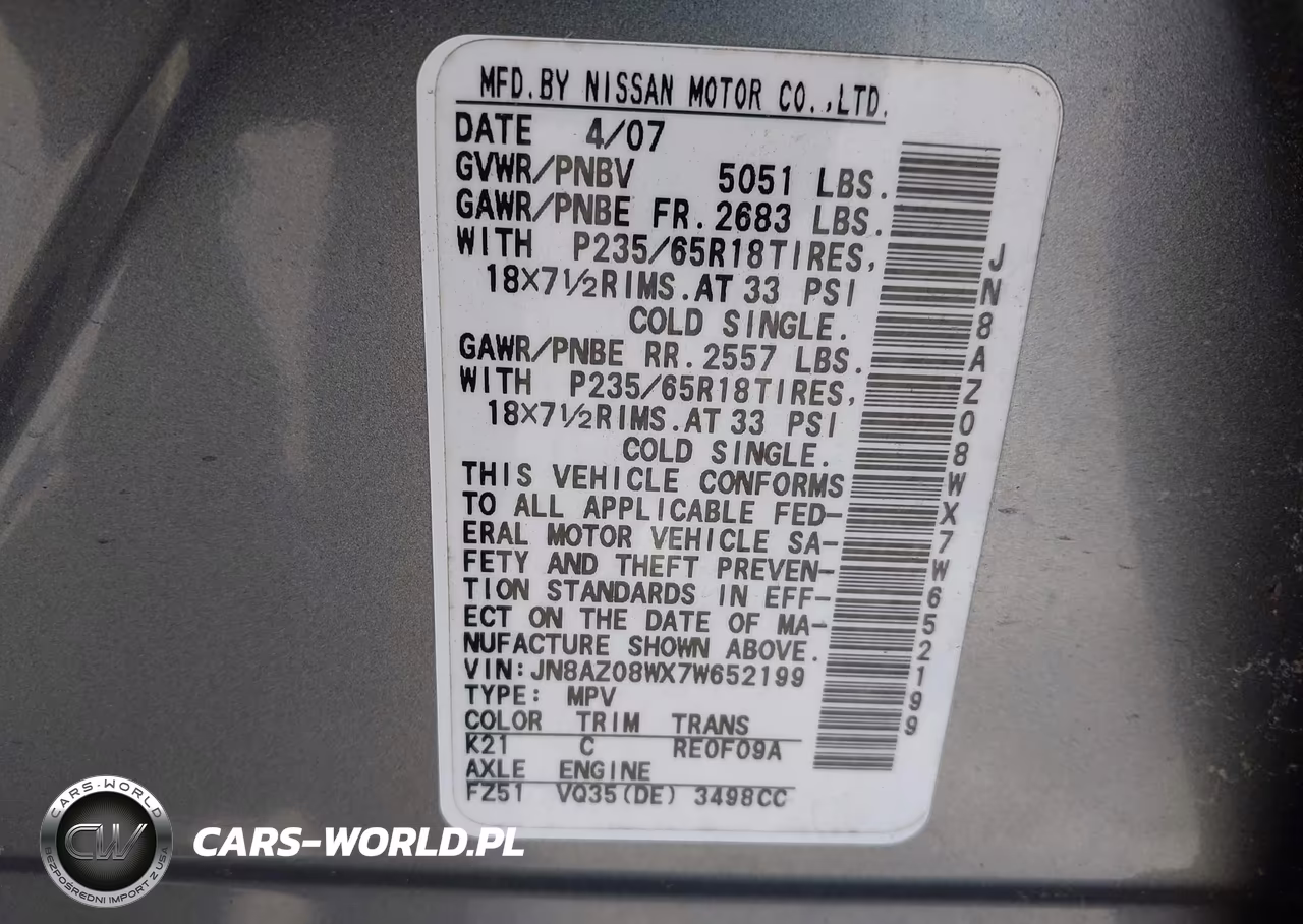 2007 Nissan Murano Sl VIN:JN8AZ08WX7W652199 - 9